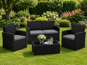 Set mobilier grădină cu 2 fotolii, canapea și masă din sticlă securizată, Negru