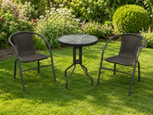 Set mobilier grădină cu 2 scaune și masă rotundă, structură metalică