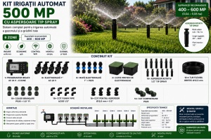 Kit irigare gazon Automat 400–600 mp, 18 aspersoare rotative tip spray, programator Wi-fi