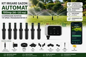 Kit irigare gazon Automat 80–120 mp, 6 aspersoare rotative tip spray, programator Wi-fi