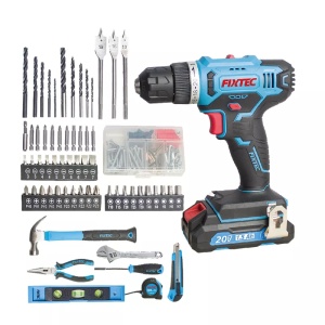 Set bormasina FIXTEC fara fir, LED, blocare ax, cutie completa cu unelte