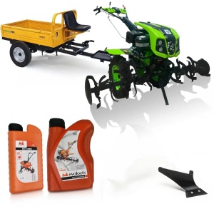 Motocultor 18CP Benzina cu remorca, ulei motor, transmisie + 2 pluguri