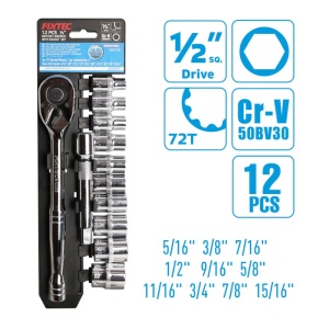 Set chei clichet FIXTEC 12 piese 1/2", CR-V