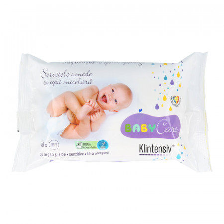KLINTENSIV®- Servetele umede Baby cu apa micelara, argan si aloe, 100% biodegradabile, 40 buc.