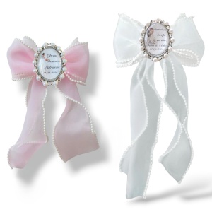 Brosa argintie perle rasfirate cu funda Organza si perlute, cu desen sau poza