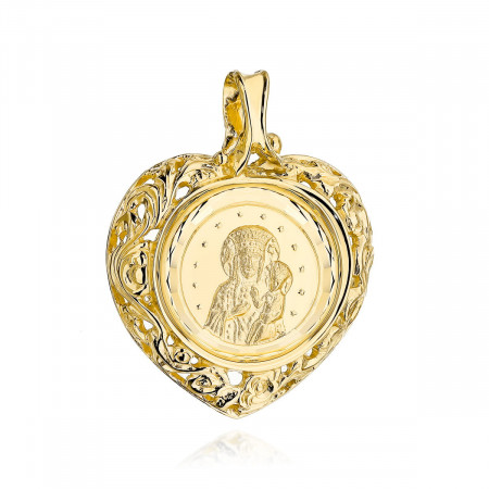 Medalion Inima Ajurata Aur 14k cu Maica Sfanta si Iisus