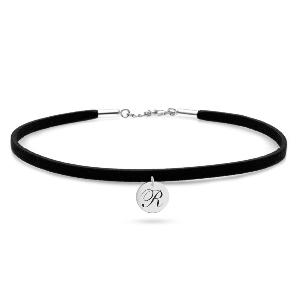 Choker Alcantara cu bănuț din Argint 925 gravat cu inițială