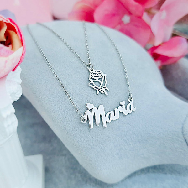 Colier dublu din argint 925 cu trandafir si nume Maria