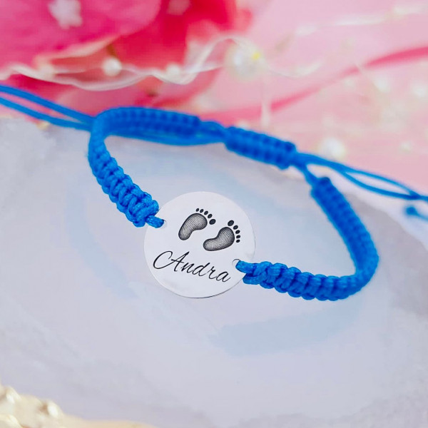 Bratara pentru copii cu banut 14mm din argint 925 - Talpite bebe - personalizabila cu nume