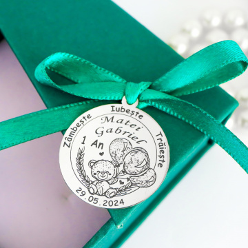 Banut Argint 2.5cm pentru botez - mot - turta personalizabil - Teddy Bear - Img 3