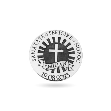 Moneda Botez 3cm din Argint 925 personalizata cu numele copilului, data si cruciulita - Img 1