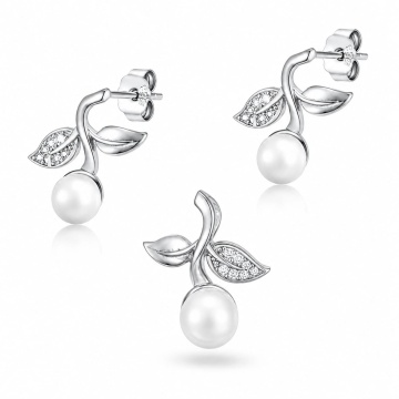Set cercei si pandantiv din Argint 925 Flower & Pearl