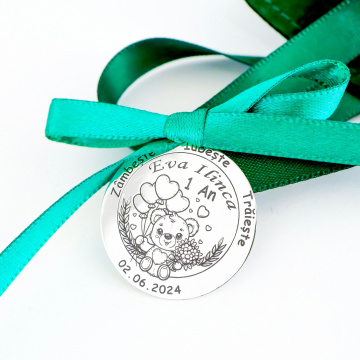 Banut Argint 2.5cm pentru botez - mot - turta personalizabil - Teddy Bear - Img 2
