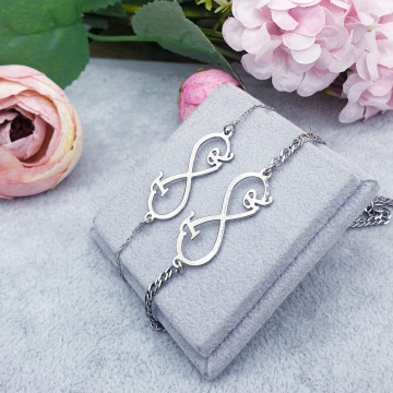 Set bratari din argint pentru cupluri cu infinit personalizabil cu orice initiale - Img 2