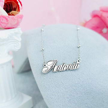 Colier din argint personalizabil cu nume HD si lantisor cu bilute 45cm - Img 4
