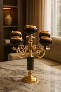 candelabru decorativ din metal auriu cu cinci suporturi rotunde maro