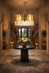 Candelabru modern auriu cu cristale transparente, design luxos suspendat