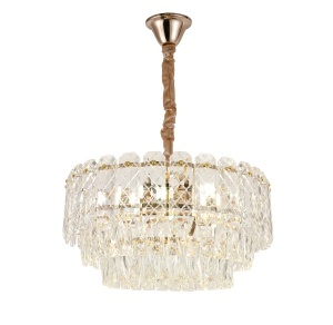 Candelabru elegant cu cristale aurii în multiple straturi, perfect pentru iluminat de lux în living, dining sau dormitor