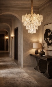 Lustra suspendata cu cristale si finisaj auriu, design elegant pentru living