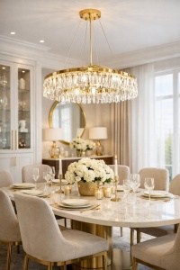 Candelabru modern auriu cu cristale lungi, perfect pentru iluminat elegant în living sau dining