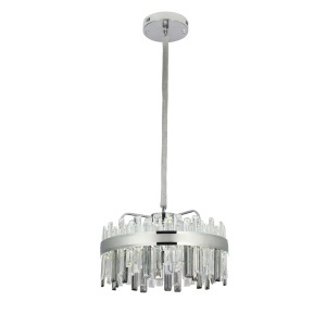 Candelabru modern argintiu cu cristale transparente verticale și design elegant suspendat