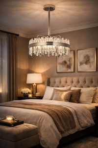 Candelabru modern argintiu cu cristale transparente verticale și design elegant suspendat