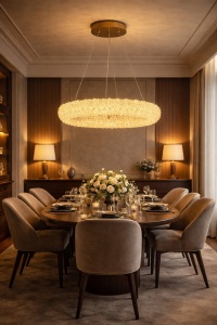 Lustră modernă LED aurie cu design circular decorativ, suspendată deasupra unei canapele crem într-un living elegant minimalist