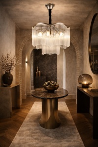 Candelabru mare cu cristale în cascadă, design luxos pentru living