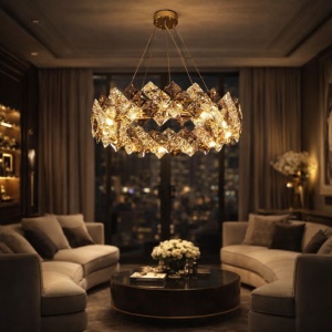 Candelabru modern cu cristale piramidale aurii, iluminare caldă și design circular elegant, ideal pentru living sau dining