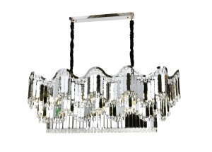 Candelabru modern rectangular cu cristale și margini ondulate, perfect pentru dining sau living, oferind iluminare elegantă și rafinată.