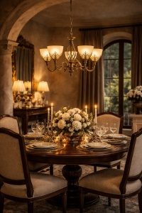 Candelabru clasic bronz cu 5 brațe și abajururi opal decorative, perfect pentru iluminat elegant în living sau dining