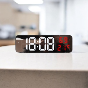 Ceas digital cu afișaj LED și ecran cu efect de oglindă, temperatură și umiditate, pentru masă sau perete, design modern