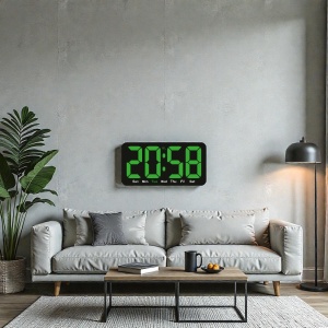Ceas digital cu afișaj LED verde, ziua săptămânii și funcție alarmă, pentru perete sau masă, design modern.