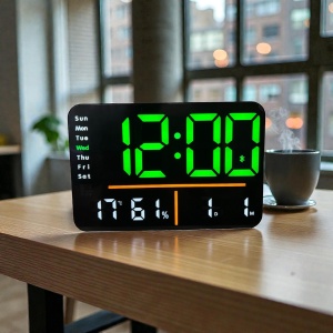 Ceas digital cu afișaj LED verde, Bluetooth, temperatură, umiditate și ziua săptămânii, design modern pentru interior