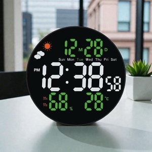Ceas digital rotund cu afișaj LED, temperatură, umiditate, dată și prognoză meteo, design modern pentru interior.