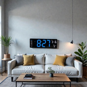 Ceas digital cu afișaj LED albastru și colțuri rotunjite, dată, temperatură și ziua săptămânii, design modern pentru interior.
