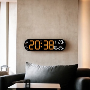 Ceas digital cu afișaj LED portocaliu, lumină reglabilă în partea inferioară, telecomandă, temperatură și dată, pentru perete sau masă