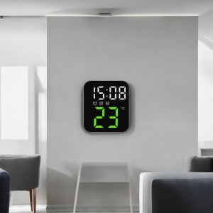 Ceas digital cu afișaj LED, temperatură și alarme multiple, pentru perete sau masă, design modern compact