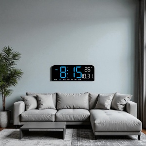 Ceas deșteptător digital modern cu afișaj albastru, dată, temperatură și calendar săptămâna
