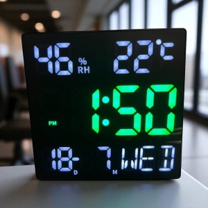 Ceas digital modern cu LED alb-verde, dată, ziua săptămânii, temperatură și umiditate, perfect pentru living sau birou