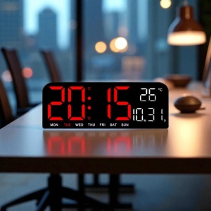 Ceas deșteptător digital modern cu afișaj rosu, dată, temperatură și calendar săptămâna