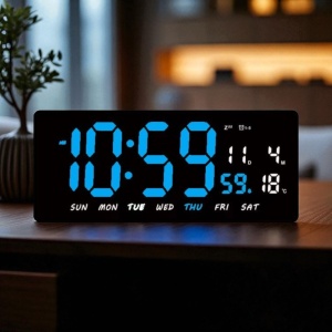 Ceas deșteptător digital cu afișaj LED albastru, calendar și termometru, perfect pentru apartamente