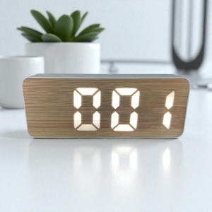 Ceas digital cu design din lemn și afișaj LED alb, ideal pentru dormitor sau birou modern