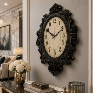 Ceas de perete vintage negru cu rama ornamentala si design clasic elegant