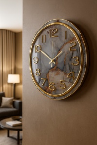 ceas decorativ rotund cu design artistic marmura gri-bej, mecanism silentios