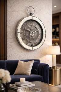 ceas de perete cu mecanism rotativ vizibil și ramă oglindită argintie, design industrial elegant