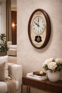 Ceas de perete oval vintage cu pendul decorativ, design clasic cu cadran mare și detalii elegante pentru decor interior
