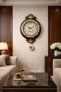 Ceas de perete vintage cu pendul decorativ, design elegant cu detalii aurii și cadran floral, ideal pentru decor interior clasic.