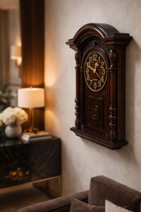 Ceas de perete retro , design tradițional cu coloane sculptate și pendul ornamental, perfect pentru interioare elegante și rustice.