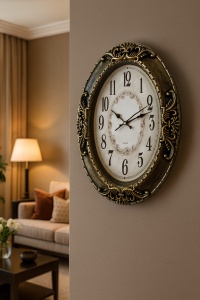 ceas de perete vintage cu ramă ovală aurie antichizată, detalii ornamentale în relief și cadran decorat cu flori delicate în stil clasic